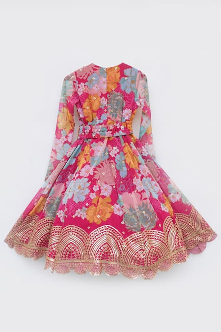 Shop_Fayon Kids_Pink Georgette Embroidery, Sequins, Tassels Floral Print Anarkali With Dupatta _at_Aza_Fashions