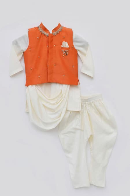 Fayon Kids_Orange Cotton, Silk Pearls Embellished Bundi Kurta Set _Online_at_Aza_Fashions