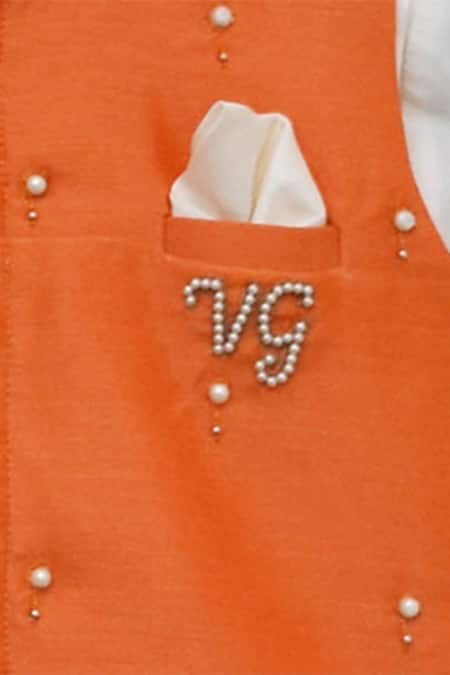 Buy_Fayon Kids_Orange Cotton, Silk Pearls Embellished Bundi Kurta Set _Online_at_Aza_Fashions