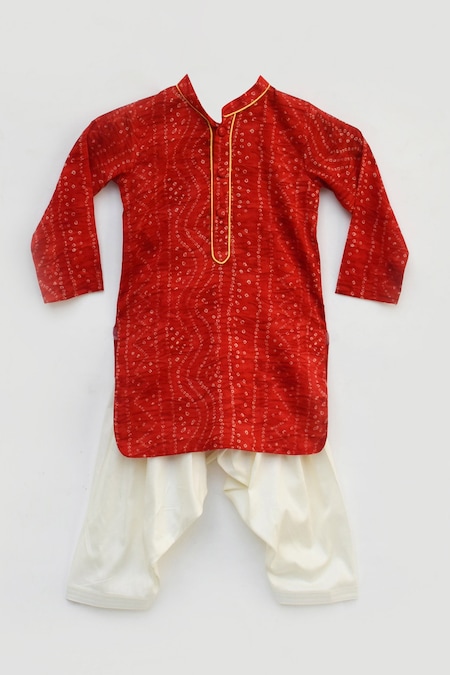 FAYON KIDS Red And Silk Bandhej Kurta Salwar Set