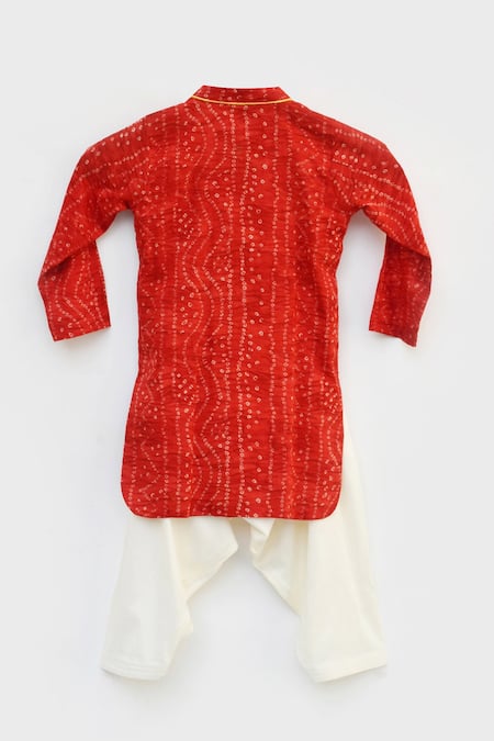 Shop_Fayon Kids_Red , Satin Embroidery Printed Kurta Salwar Set _at_Aza_Fashions
