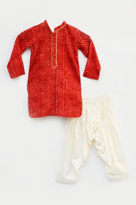 Fayon Kids_Red , Satin Embroidery Printed Kurta Salwar Set _Online_at_Aza_Fashions