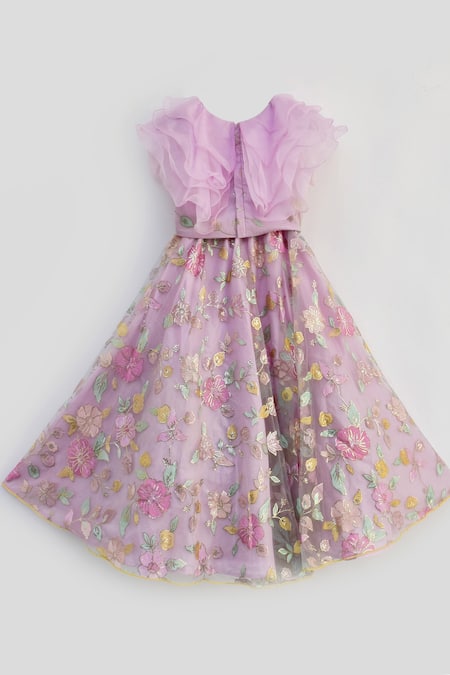 Fayon Kids_Purple Organza, Net Embroidery, Sequins Floral Lilac Lehenga Set _Online_at_Aza_Fashions