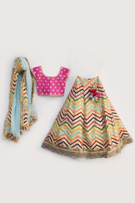 Fayon Kids_Pink Silk, Net, Organza Sequins, Embroidery, Lace Lehenga Set _Online_at_Aza_Fashions