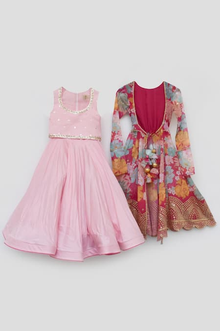 Fayon Kids_Pink Cotton, Silk, Georgette Sequins, Embroidery Jacket Lehenga Set _Online_at_Aza_Fashions