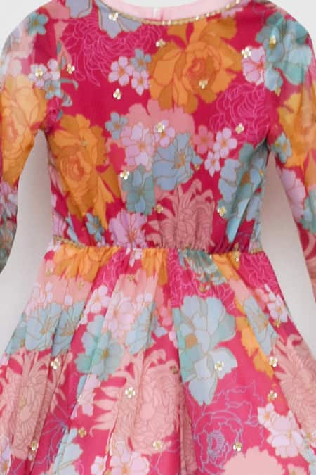 Buy_Fayon Kids_Pink Cotton, Silk, Georgette Sequins, Embroidery Jacket Lehenga Set _Online_at_Aza_Fashions