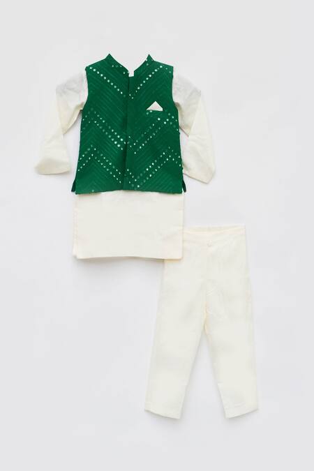 Fayon Kids_Green Cotton, Silk Mirrors Bundi Kurta Set _Online_at_Aza_Fashions