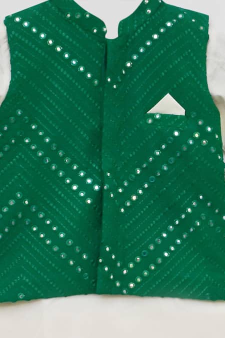 Buy_Fayon Kids_Green Cotton, Silk Mirrors Bundi Kurta Set _Online_at_Aza_Fashions