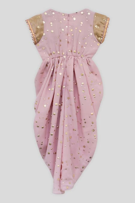 Shop Fayon Kids Peach Georgette, Velvet Mirrors, Sequins Mukaish Embroidered Jumpsuit at Aza Fashions Shop_Fayon Kids_Peach Georgette, Velvet Mirrors, Sequins Mukaish Embroidered Jumpsuit _at_Aza_Fashions