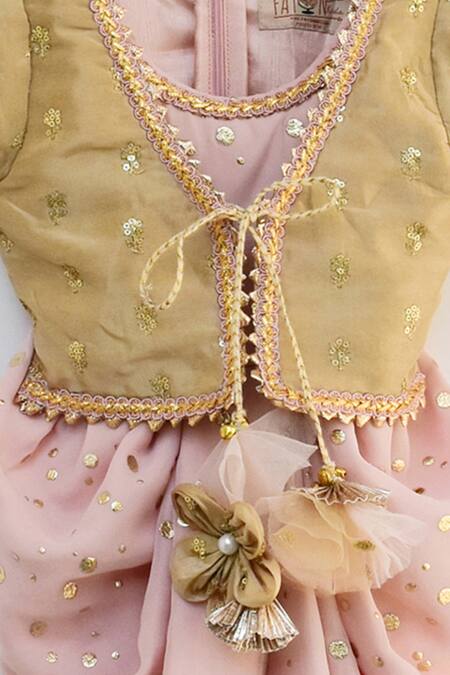 Fayon Kids Peach Georgette, Velvet Mirrors, Sequins Mukaish Embroidered Jumpsuit Online at Aza Fashions Fayon Kids_Peach Georgette, Velvet Mirrors, Sequins Mukaish Embroidered Jumpsuit _Online_at_Aza_Fashions