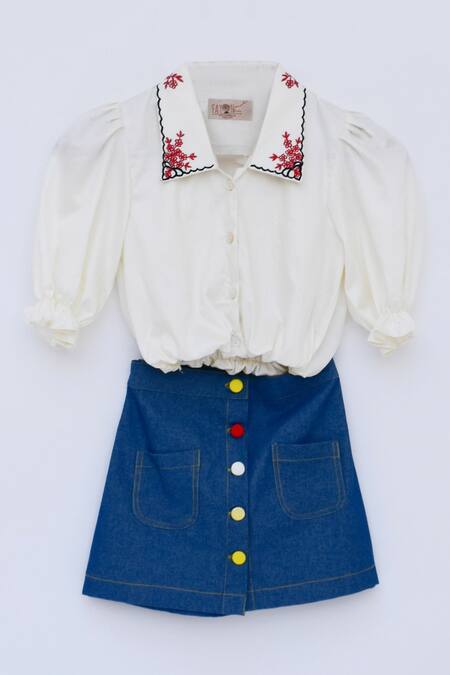 Fayon Kids_White Cotton, Silk, Denim Embroidery Spread Collar Shirt And Skirt Set _Online_at_Aza_Fashions