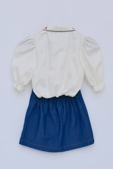 Buy_Fayon Kids_White Cotton, Silk, Denim Embroidery Spread Collar Shirt And Skirt Set _Online_at_Aza_Fashions