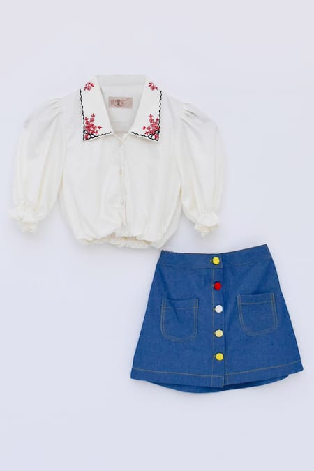 Shop_Fayon Kids_White Cotton, Silk, Denim Embroidery Spread Collar Shirt And Skirt Set _Online_at_Aza_Fashions
