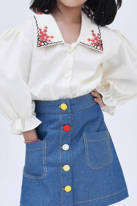 Fayon Kids_White Cotton, Silk, Denim Embroidery Spread Collar Shirt And Skirt Set _at_Aza_Fashions