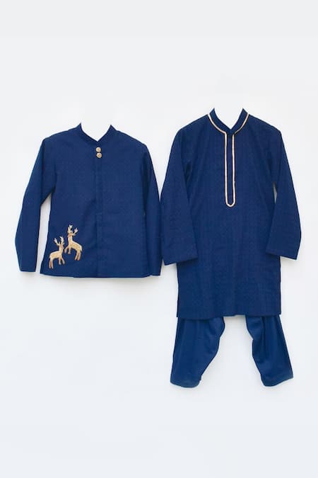 Fayon Kids_Blue Cotton Embroidery, Sequins Silk Bandhgala And Kurta Set _Online_at_Aza_Fashions