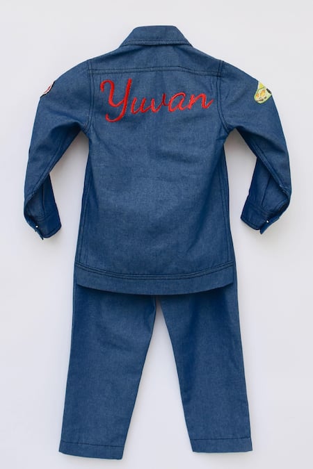 Shop_Fayon Kids_Blue Denim Embroidery Jacket And Pant Set _at_Aza_Fashions