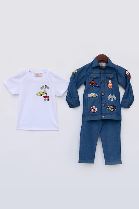 Fayon Kids_Blue Denim Embroidery Jacket And Pant Set _Online_at_Aza_Fashions