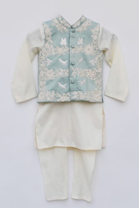 Fayon Kids Embroidered Blue Bundi Kurta Set 