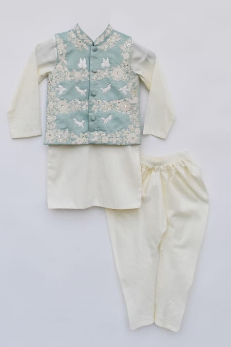 Fayon Kids_Blue Cotton, Silk Embroidery, Sequins Bundi Kurta Set _Online_at_Aza_Fashions