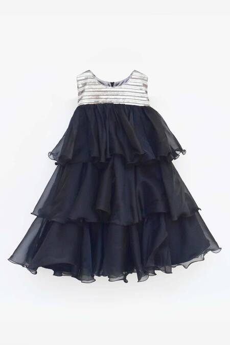 Fayon Kids_Black Organza Sequins Tiered Embroidered Dress _Online_at_Aza_Fashions