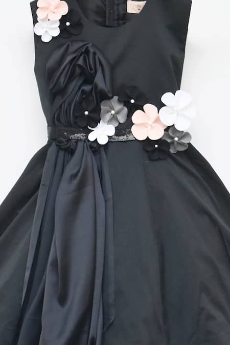 Fayon Kids_Black Taffeta, Silk Sequins Floral Motif Dress _Online_at_Aza_Fashions