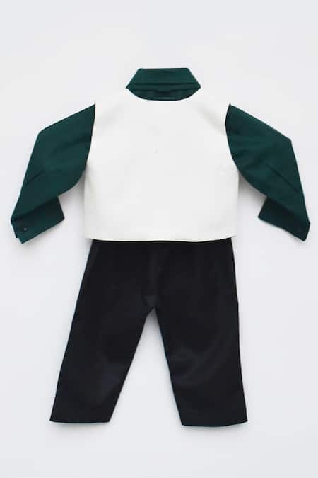 Shop Fayon Kids Green Cotton, Silk Embroidery, Patchwork Waistcoat And Pant Set at Aza Fashions Shop_Fayon Kids_Green Cotton, Silk Embroidery, Patchwork Waistcoat And Pant Set _at_Aza_Fashions
