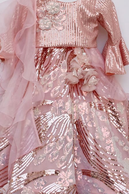 Buy Fayon Kids Peach Net, Organza Sequins Embroidered Lehenga Set Online at Aza Fashions Buy_Fayon Kids_Peach Net, Organza Sequins Embroidered Lehenga Set _Online_at_Aza_Fashions
