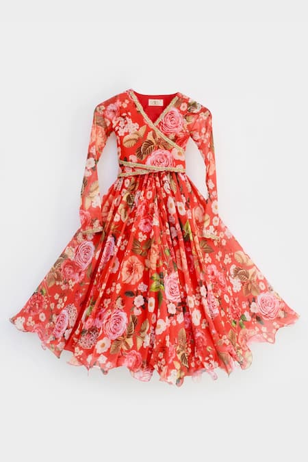 Fayon Kids_Red Georgette Sequins Floral Print Lehenga Set _Online_at_Aza_Fashions