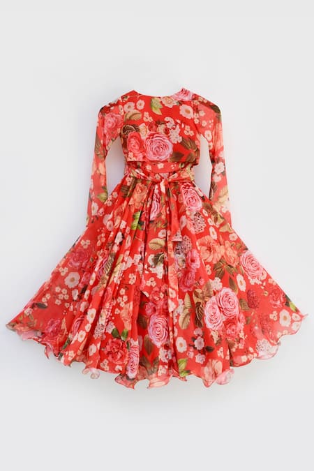 Buy_Fayon Kids_Red Georgette Sequins Floral Print Lehenga Set _Online_at_Aza_Fashions