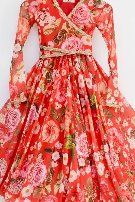 Shop_Fayon Kids_Red Georgette Sequins Floral Print Lehenga Set _Online_at_Aza_Fashions