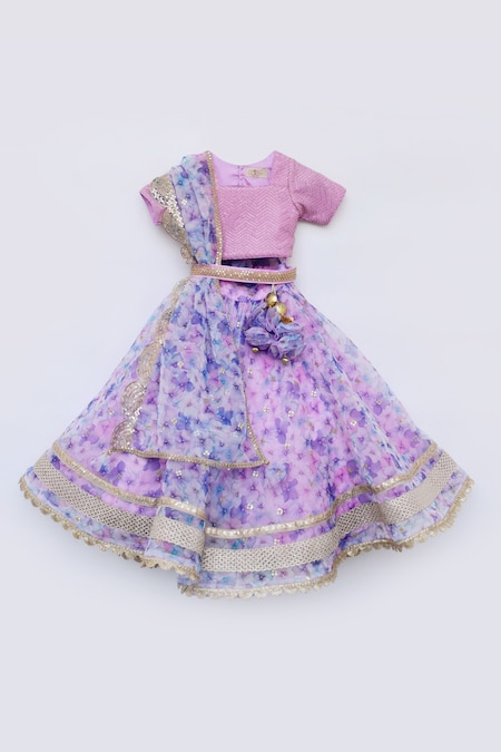 FAYON KIDS Purple Silk And Organza & Embroidery Floral & Sequin Lehenga Set