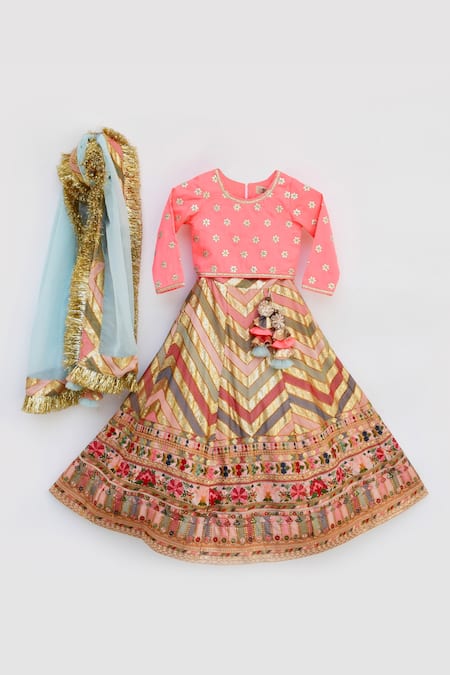 Fayon Kids Pink Silk, Cotton, Net Sequins, Embroidery Striped Lehenga Set Online at Aza Fashions Fayon Kids_Pink Silk, Cotton, Net Sequins, Embroidery Striped Lehenga Set _Online_at_Aza_Fashions