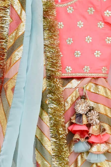 Buy Fayon Kids Pink Silk, Cotton, Net Sequins, Embroidery Striped Lehenga Set Online at Aza Fashions Buy_Fayon Kids_Pink Silk, Cotton, Net Sequins, Embroidery Striped Lehenga Set _Online_at_Aza_Fashions