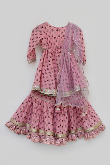 Shop_FAYON KIDS_Pink Cotton Embroidery, Sequins Printed Kurta Sharara Set _at_Aza_Fashions