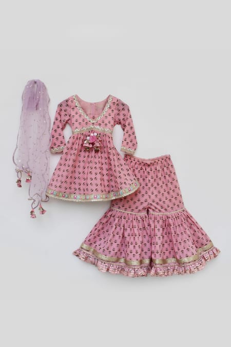 FAYON KIDS_Pink Cotton Embroidery, Sequins Printed Kurta Sharara Set _Online_at_Aza_Fashions