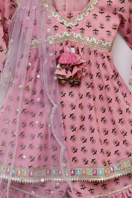 Buy_FAYON KIDS_Pink Cotton Embroidery, Sequins Printed Kurta Sharara Set _Online_at_Aza_Fashions