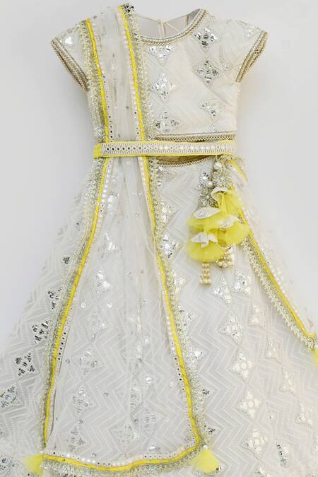 Fayon Kids White Cotton, Net Gota Patti, Mirrors, Tassels Embroidered Lehenga Set Online at Aza Fashions Fayon Kids_White Cotton, Net Gota Patti, Mirrors, Tassels Embroidered Lehenga Set _Online_at_Aza_Fashions
