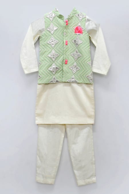 FAYON KIDS Green Embroidered Bundi Kurta Set 