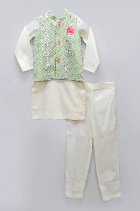 Fayon Kids_Green Cotton, Silk Gota Patti, Embroidery Bundi Kurta Set _Online_at_Aza_Fashions