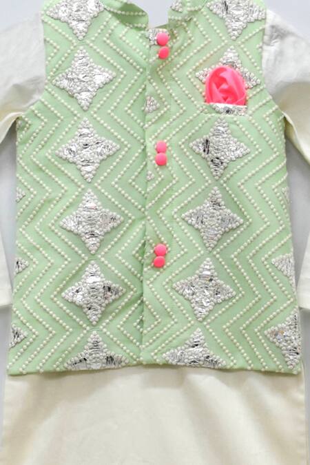 Buy_Fayon Kids_Green Cotton, Silk Gota Patti, Embroidery Bundi Kurta Set _Online_at_Aza_Fashions