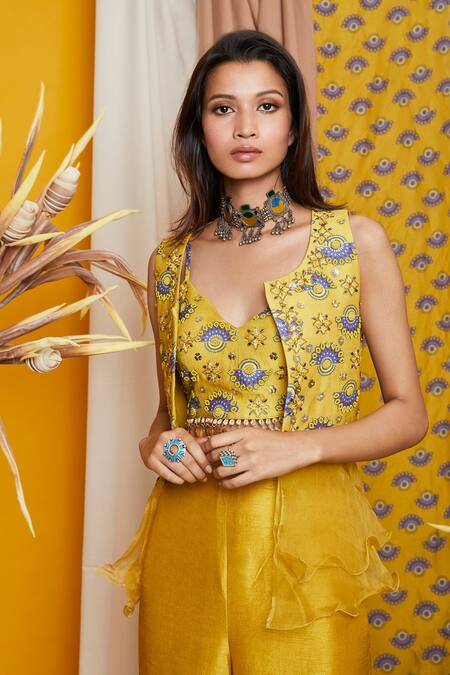 Riraan Couture_Yellow Monga Silk V Neck Chanderi Jacket And Sharara Set_Online_at_Aza_Fashions