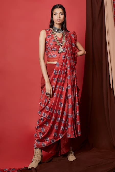 Shop_Riraan Couture_Red Monga Silk V Neck Chanderi Top And Palazzo Set _at_Aza_Fashions