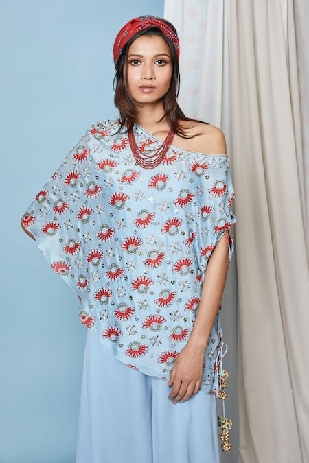 Riraan Couture_Blue Georgette Asymmetric Chanderi Silk One Shoulder Top And Pant Set_Online_at_Aza_Fashions