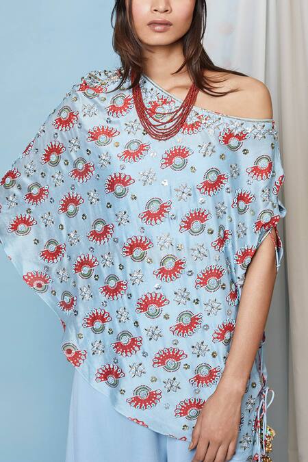 Buy_Riraan Couture_Blue Georgette Asymmetric Chanderi Silk One Shoulder Top And Pant Set_Online_at_Aza_Fashions