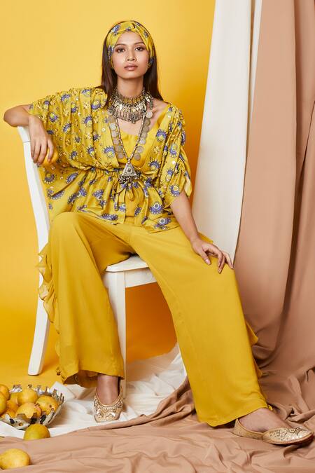 Shop Riraan Couture Yellow Georgette Round Chanderi Silk Kimono And Palazzo Set at Aza Fashions Shop_Riraan Couture_Yellow Georgette Round Chanderi Silk Kimono And Palazzo Set_at_Aza_Fashions