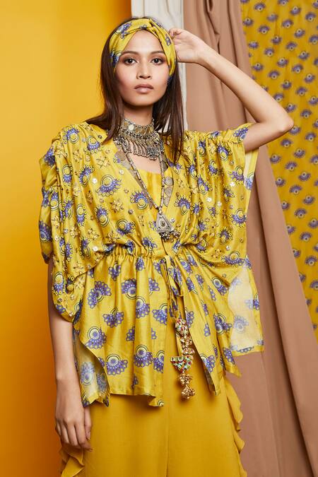 Riraan Couture Yellow Georgette Round Chanderi Silk Kimono And Palazzo Set Online at Aza Fashions Riraan Couture_Yellow Georgette Round Chanderi Silk Kimono And Palazzo Set_Online_at_Aza_Fashions