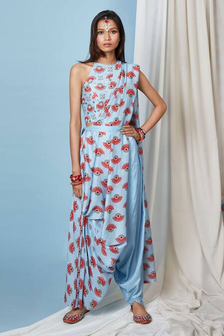 Riraan Couture_Blue Monga Silk Halter Chanderi Pant Saree With Blouse_Online_at_Aza_Fashions