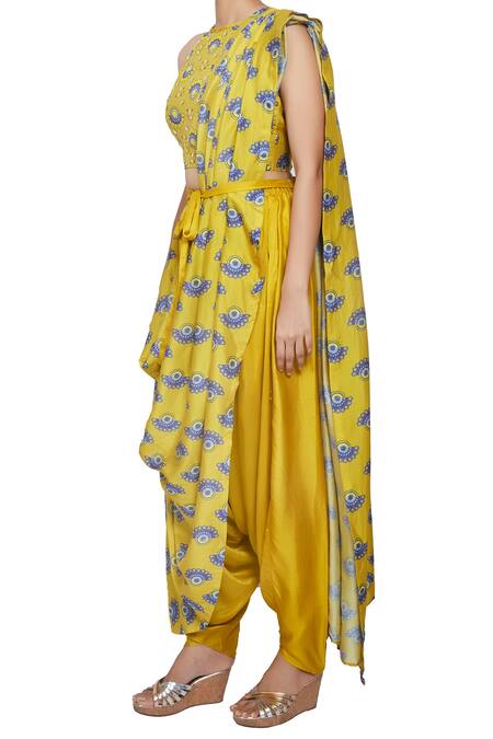 Shop_Riraan Couture_Yellow Monga Silk Halter Chanderi Pant Saree With Blouse_Online_at_Aza_Fashions