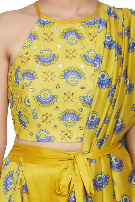 Riraan Couture_Yellow Monga Silk Halter Chanderi Pant Saree With Blouse_at_Aza_Fashions