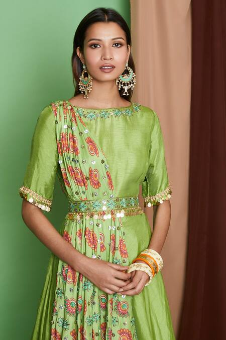 Riraan Couture_Green Monga Silk Boat Chanderi Anarkali With Belt_Online_at_Aza_Fashions
